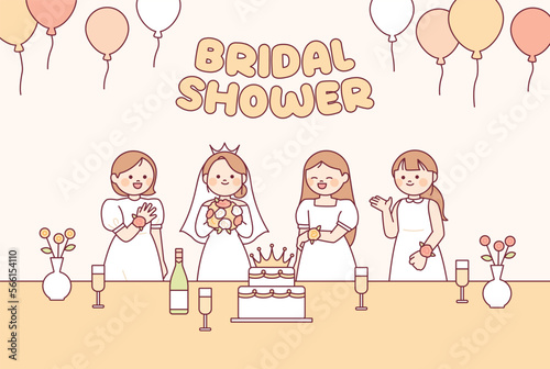 Friends are giving the bride a bridal shower party. Bridesmaid friends in dresses with celebration cake.