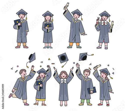 A collection of graduate characters. Students dressed in graduation costumes are holding their diplomas and tossing their hats upwards, rejoicing.