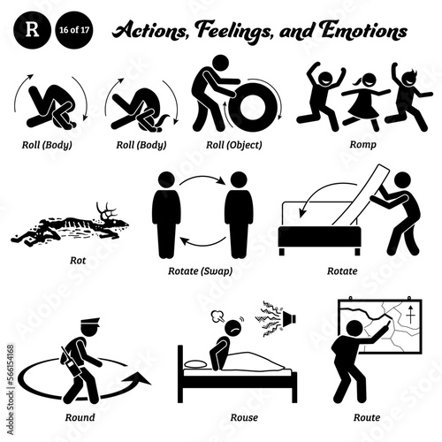 Stick figure human people man action, feelings, and emotions icons alphabet R. Roll, body, object, romp, rot, rotate, swap, rotate, round, rouse, and route.