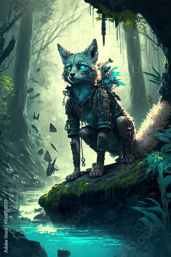 A Cyberpunk Wolf Standing in A Forest By A River, generative ai