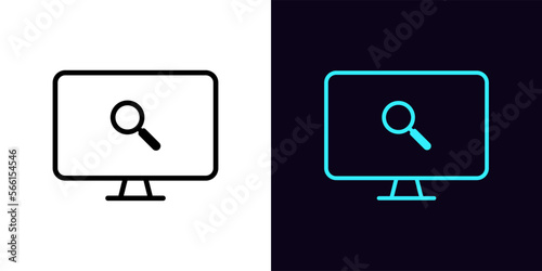 Outline pc monitor icon, with editable stroke. Monitor screen frame with magnifier sign, internet search pictogram. Find data and information, web search technology, exploration.