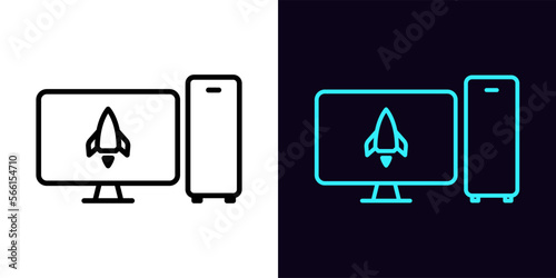 Outline gaming pc icon, with editable stroke. System unit and monitor screen frame with rocket sign, computer capacity test pictogram. Accelerate system, high game performance.