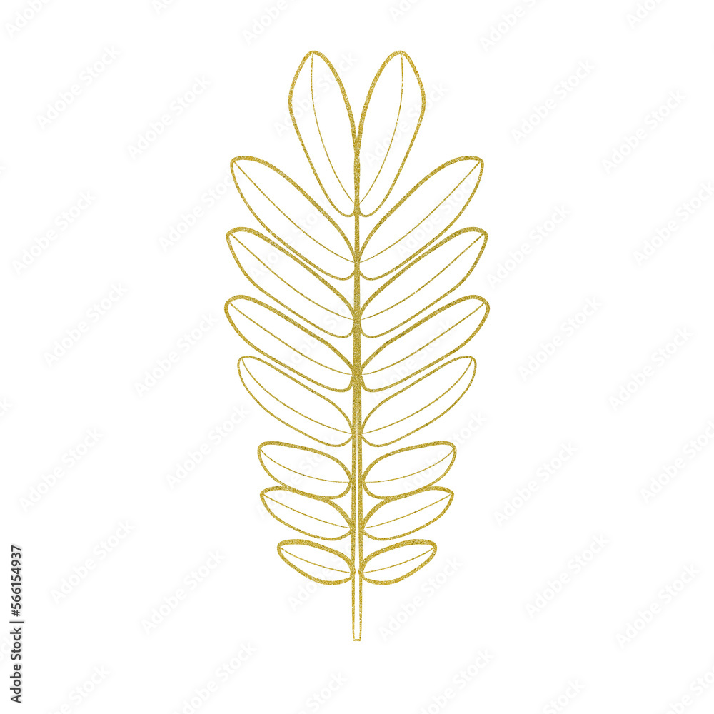Gold Doodle Leaf organic line art. fern leaf.