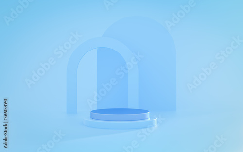 Empty podium or pedestal display on blue background with cylinder stand concept. Blank product shelf standing backdrop. 3D rendering. Minimal scene for product display presentation.