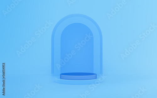 Empty podium or pedestal display on blue background with cylinder stand concept. Blank product shelf standing backdrop. 3D rendering. Minimal scene for product display presentation.
