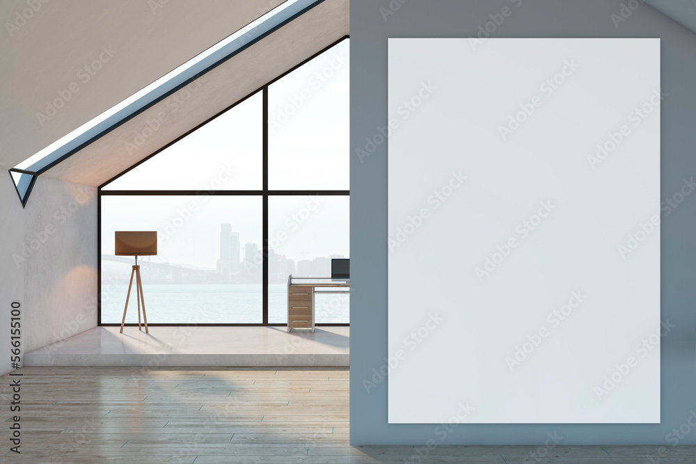 Modern loft attic office interior with empty white mock up poster, furniture, panoramic window and city view. 3D Rendering. Modern loft attic office interior with empty white mock up poster, furniture, panoramic window and city view. 3D Rendering.