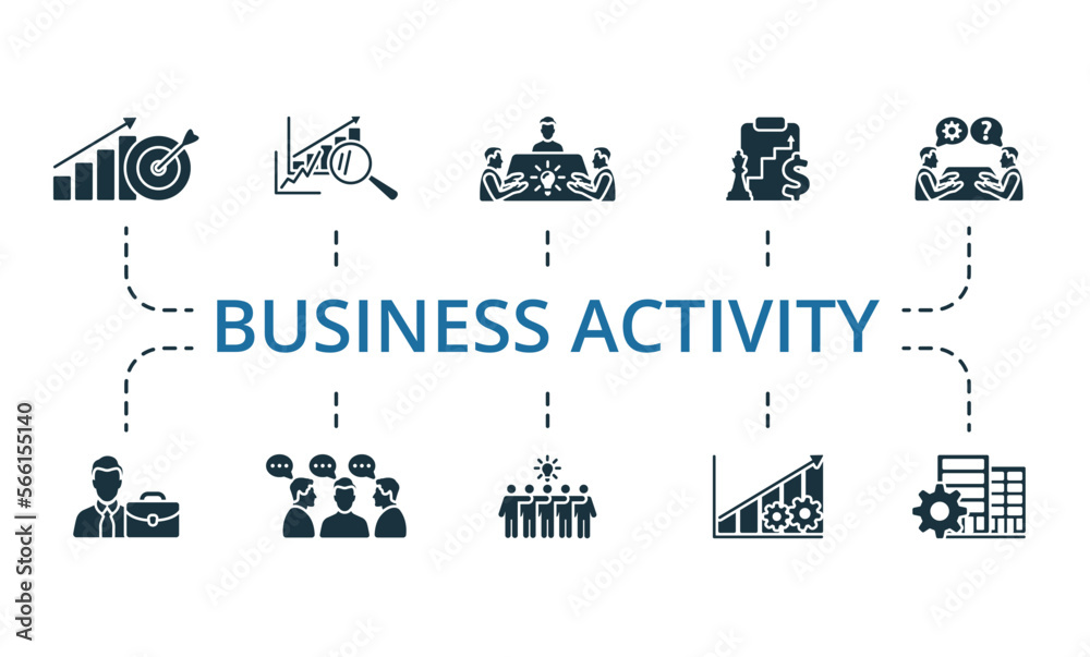Business Activity icon set. Monochrome simple Business Activity icon collection. Business Target, Benchmarking, Corporate Brainstorming, Corporate Strategy, Business Consulting, Executive, Discussion