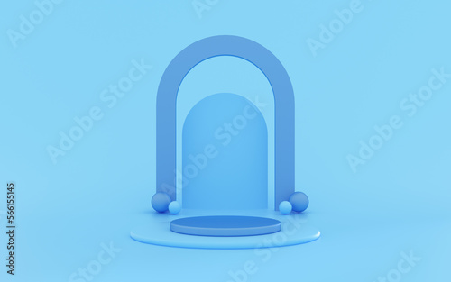 Empty podium or pedestal display on blue background with cylinder stand concept. Blank product shelf standing backdrop. 3D rendering. Minimal scene for product display presentation.