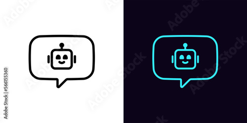 Outline bot message icon, with editable stroke. Bubble message frame with chat bot sign, robot head pictogram. Virtual assistant, live chatbot support, smart bot with command control. photo