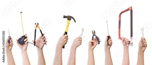 Hands holding different mechanic tool isolated on transparent background PNG file photo