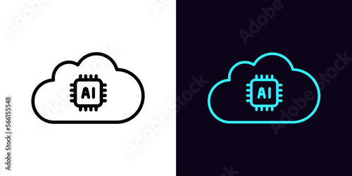 Outline cloud AI icon, with editable stroke. Cloud frame with AI chip sign, artificial intelligence pictogram. Cloud calculation server, computing and data center, smart algorithm system.