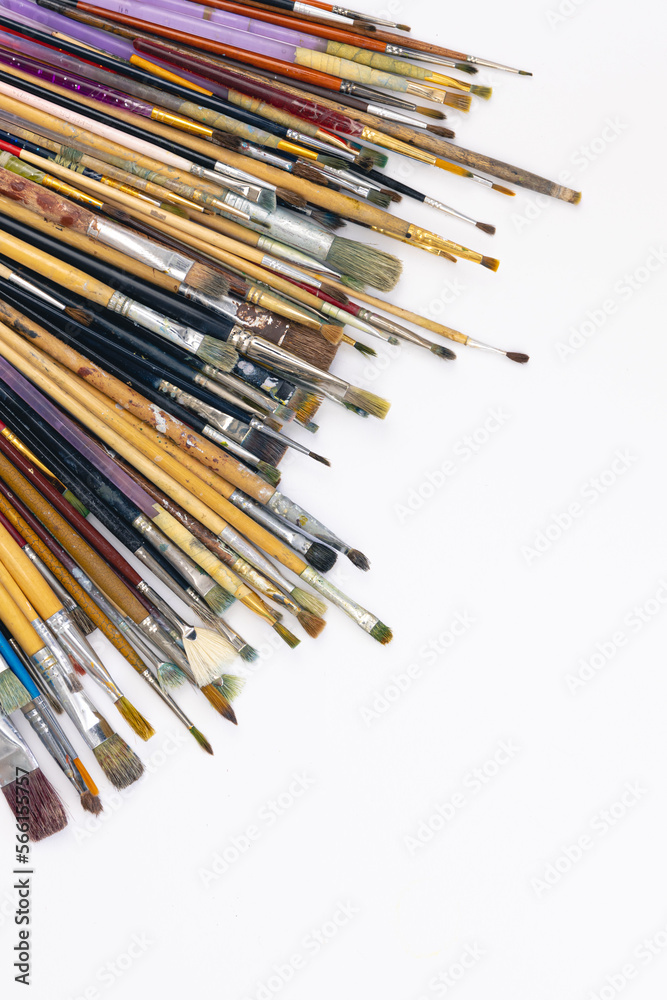 Many brushes for painting on a white background, top view.