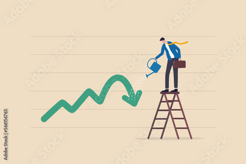 Growing investment from loss or recession, stimulate or boost profit and earning from stock market crisis or downturn concept, businessman investor watering fall down graph and chart to make it grow.