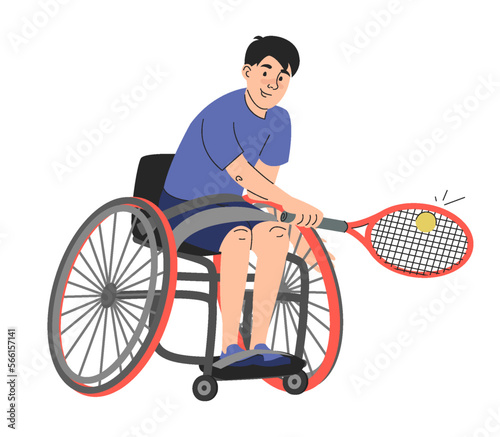 Disabled person in wheelchair playing tennis vector isolated. Illustration of a sport training of man with disability. Tennis player holding racket. © Derariad