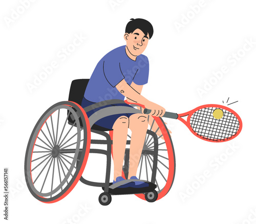 Disabled person in wheelchair playing tennis vector isolated. Illustration of a sport training of man with disability. Tennis player holding racket.