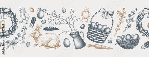 Seamless Easter ribbon design with cute characters and spring decor elements. Hand drawn bunnies, eggs, chickens, flowers and flowering trees background. Vector template with Holiday sketches