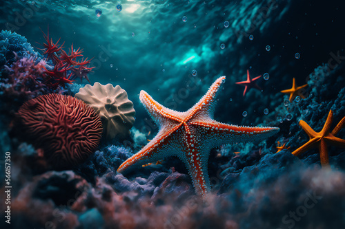 Noduled sea star underwater on the bottom of the sea. Generative AI technology. © aapsky