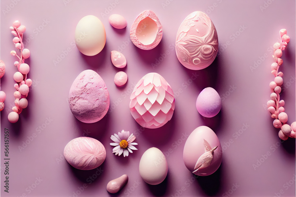 Easter Eggs Made Of Pale Rose Quartz. Knolling. Generative AI Easter Eggs Made Of Pale Rose Quartz. Knolling. Generative AI