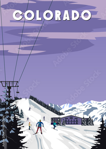 Colopado Ski travel resort poster vintage. Aspen USA winter landscape travel card photo