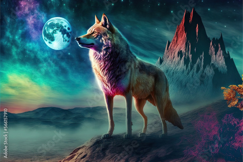 Beautiful wolf in a magical fantasy landscape with a colorful sky, Generative AI © Dianne
