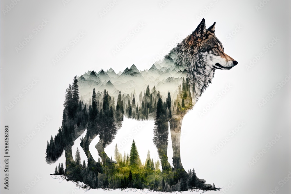 Double exposure generative AI of a wolf and jungle on white background ...