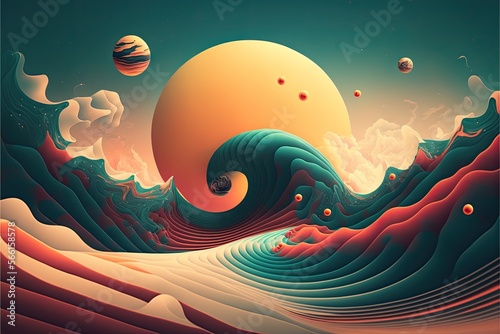 psychic wave stylised random landscape, film grain, retro colors, 3d elements