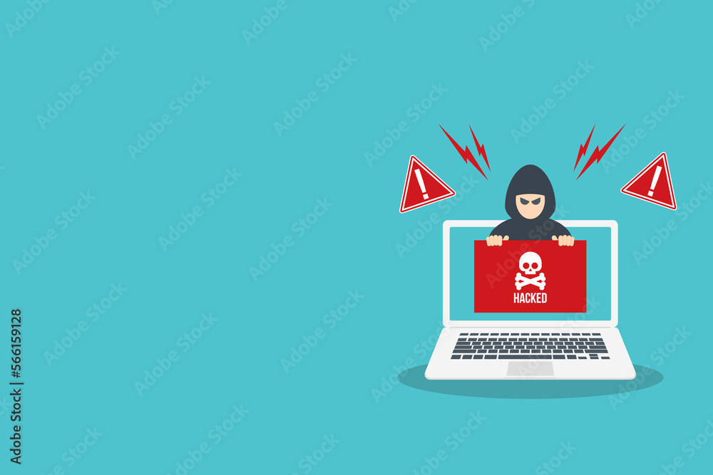 Hacker warning on laptop. Emergency alert of threat by hacker. Hacking concept. Hacker warning on laptop. Emergency alert of threat by hacker. Hacking concept.