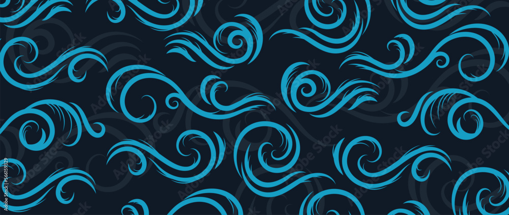 Traditional Japanese wave pattern vector. Abstract hand drawn line art oriental ocean wave, clouds, wind style. Art design illustration for prints, fabric, poster, home decoration and wallpaper.