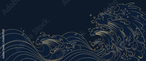 Traditional Japanese wave pattern vector. Luxury golden hand drawn oriental ocean wave line art pattern background. Art design illustration for print, fabric, poster, home decoration and wallpaper.
