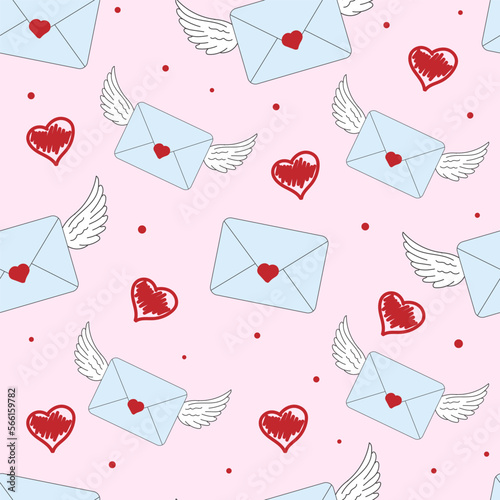 Seamless Valentine's Day pattern with envelopes, hearts