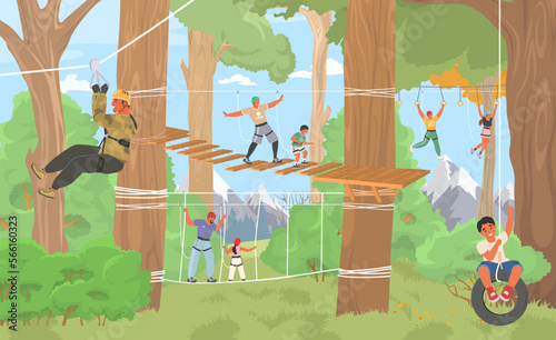 Rope adventure park flat vector extreme recreation