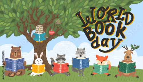 World book day. Animals read books under big tree in the forest. Owl, deer, raccoon, fox, wolf, hare and bear. Hand drawn lettering. Children illustration, literature, storytime, education concept. 