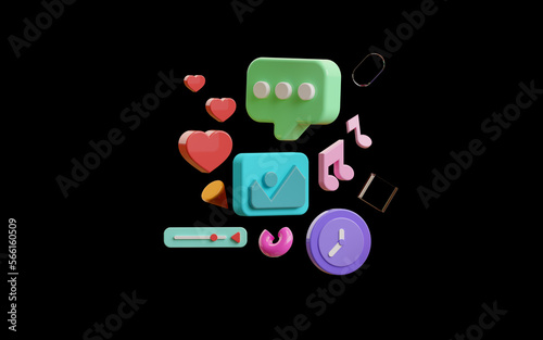 Abstract 3d rendering of geometric shapes, many icons, on the black background. Modern background for poster, cover, branding, banner, card. 3D render illustration.