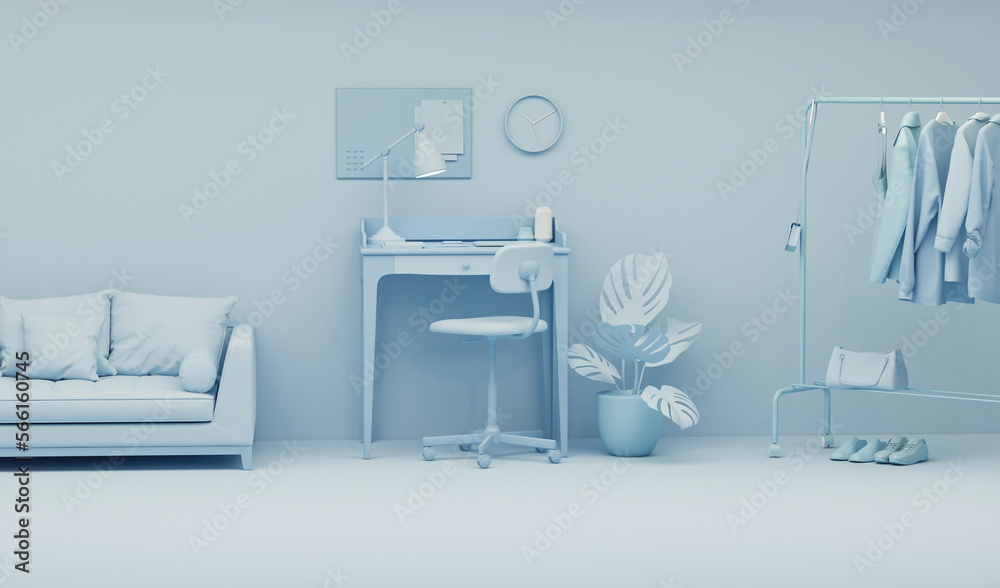 Pastel blue monochrome minimal office table desk. Minimal idea concept for study desk, clock, plant pot and workspace. Mockup template, 3d rendering
