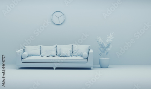 Creative interior design in blue studio with plant pot, clock and armchair. Pastel blue color background. 3D rendering for web page, presentation or picture frame
