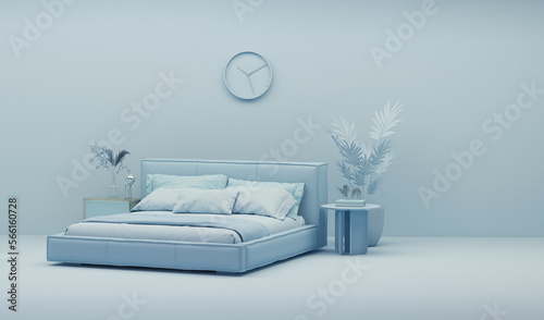 Bedroom with beb and clock in pastel blue background, monochrome single color blue. Light background with copy space. 3D rendering for web page, presentation or picture background
 photo
