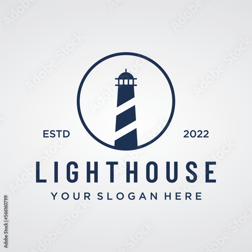 Sea lighthouse tower building creative Logo design with spotlights vintage vector template.