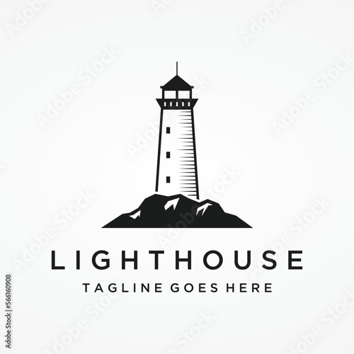 Sea lighthouse tower building creative Logo design with spotlights vintage vector template.