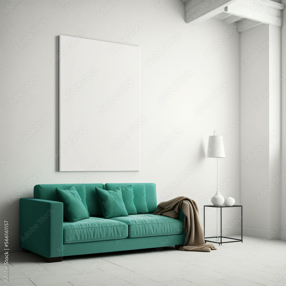 White blank canvas hanging on wall. poster mockup. Designed using generative ai. White blank canvas hanging on wall. poster mockup. Designed using generative ai.