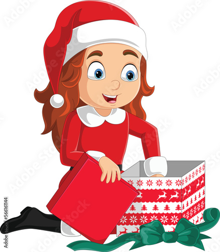 Cartoon little girl opening present box