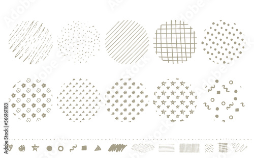 シンプルでおしゃれな北欧風てがきの模様やパターン・柄のあしらいセット_ベクター素材_グレージュ_丸_文字なし