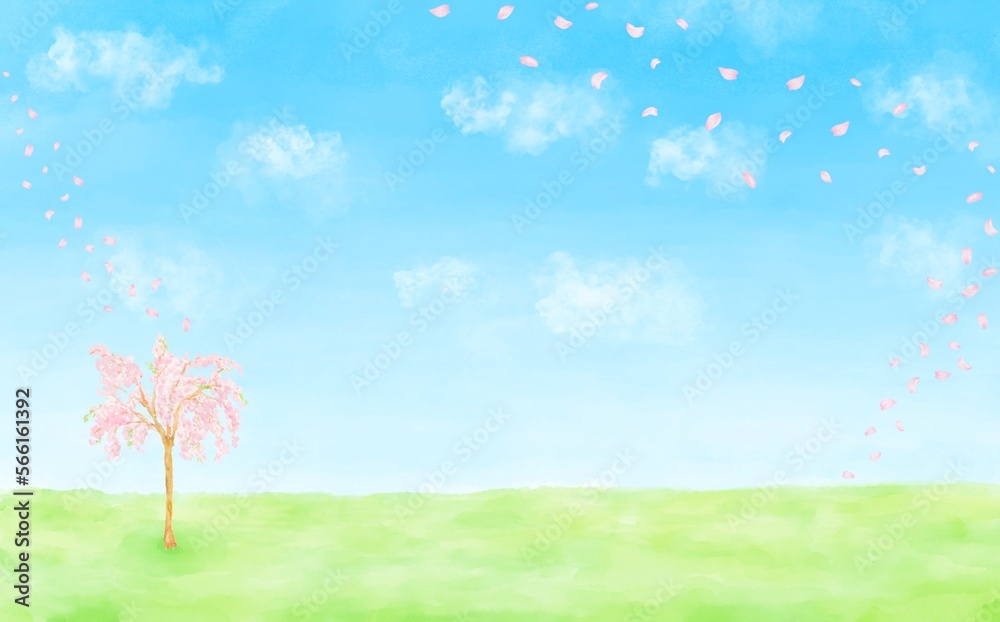 青空の下、しだれ桜の花びらが舞う風景。水彩絵の具で描いた素材。