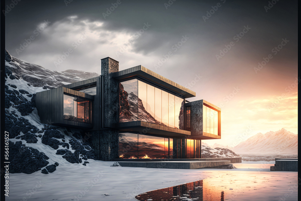 Fototapeta premium Huge design villa made of black concrete in winter landscape with mountain. Designed usinge generative ai.