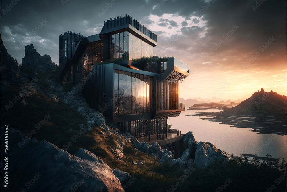 Futuristic modern design villa above a cliff by the sea. Designed using generative ai. Futuristic modern design villa above a cliff by the sea. Designed using generative ai.
