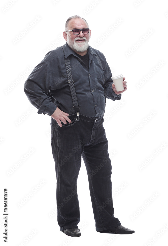 full- length . a successful older man drinks takeaway coffee full- length . a successful older man drinks takeaway coffee