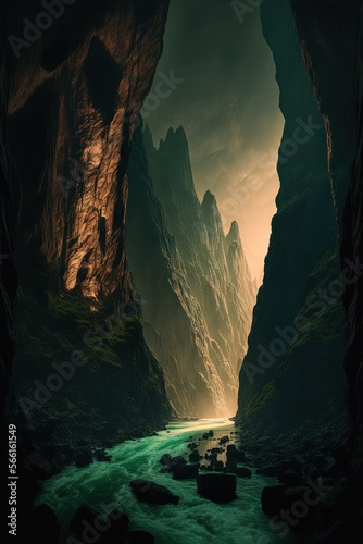 photo of dawn in a jade gorge with sheer cliffs in which huge sculptures of ancient Atlanteans Generative AI