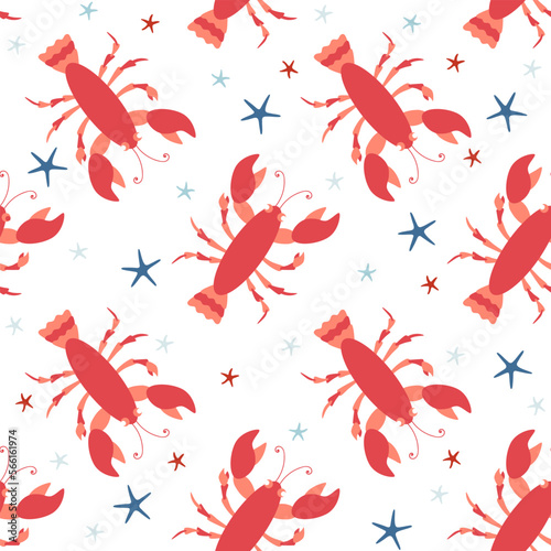 Seamless patternwith lobsters and sea stars. Cartoon cute lobster.