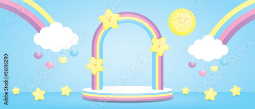 colorful rainbow arch and podium display stage with cute kawaii star and sun and cloud on pastel blue floor and wall 3d illustration vector scene for putting object