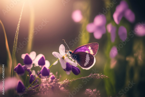 A close up of purple butterfly in a field with purple flowers in a misty morning light. Home garden with purple a butterfly.