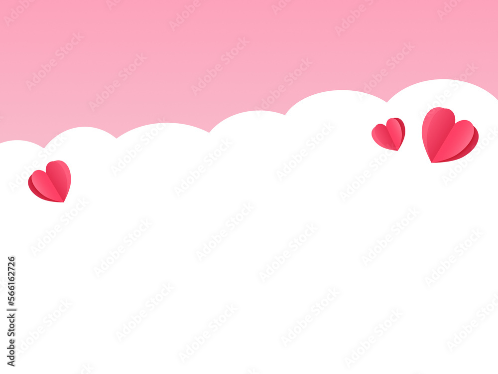 Pink Valentine’s day paper cut style background with hearts and clouds